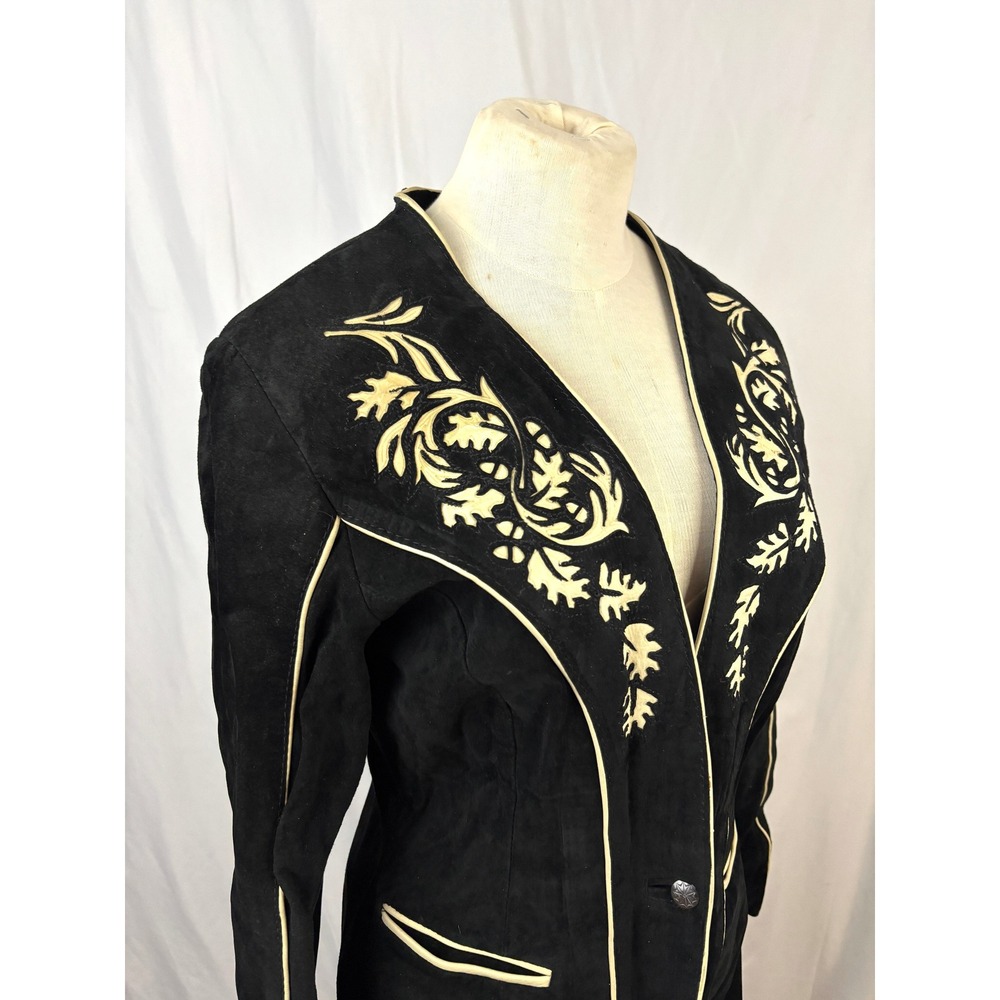 Handmade Suede Jacket Black Western Applique Tailored Vintage OOAK - Picture 12 of 16